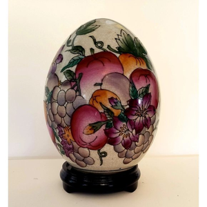 Porcelain‎ Enamel Egg with floral and fruit design  on stand Vintage